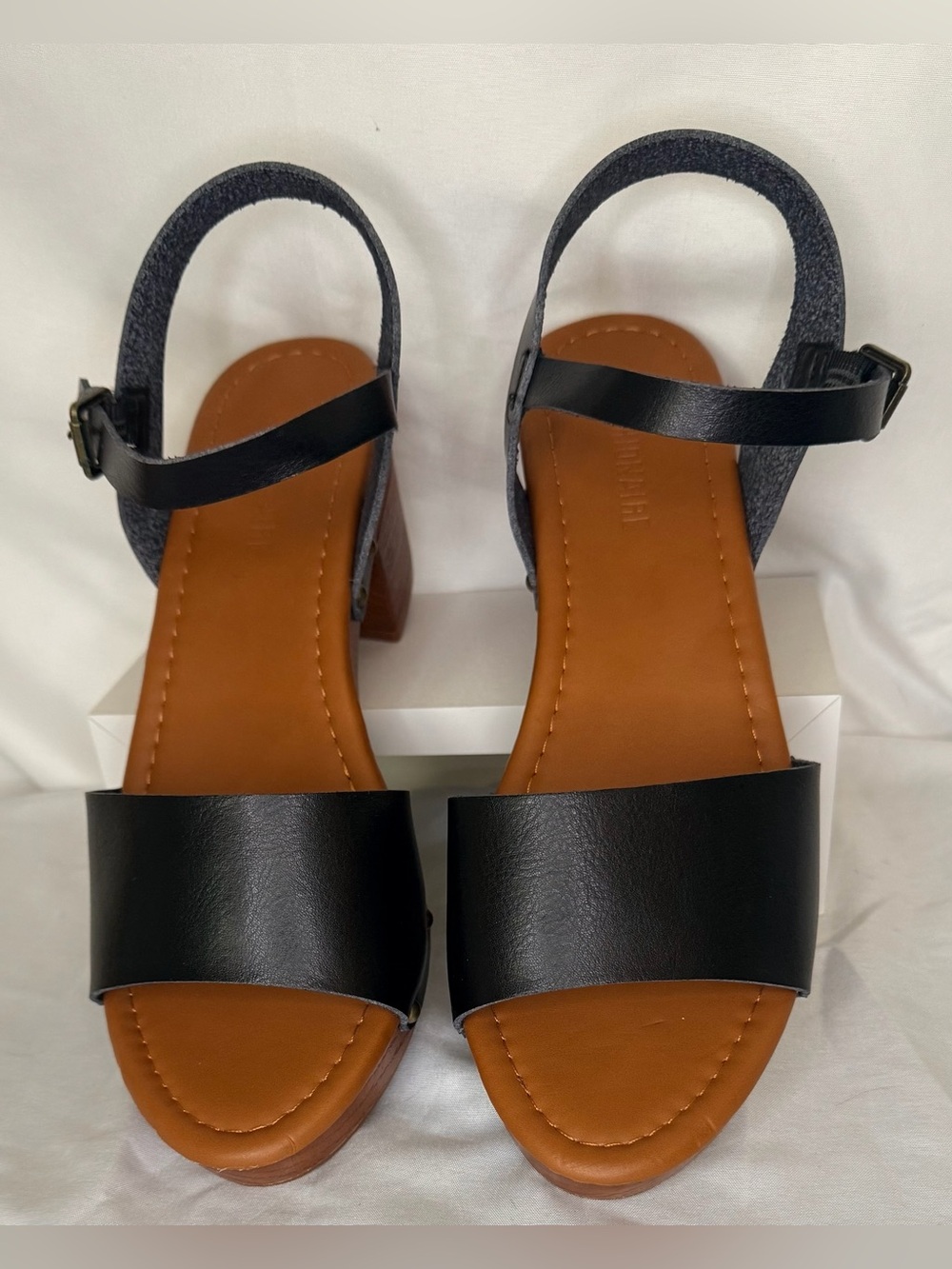 Black Leather Strap Block-Heel Sandals